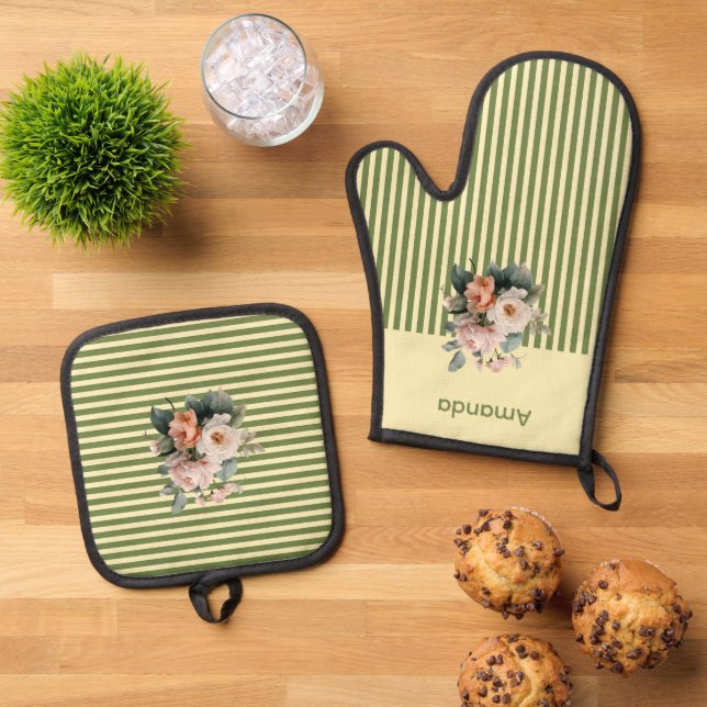 Beige Oberseite mit Olive Green Streifen Blumenmus Ofenhandschuh & Topflappen-Set (Oben Unten)