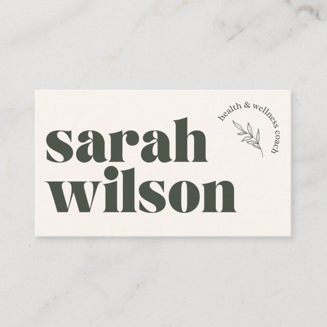 Beige Olive Green Health Wellness Business Card Visitenkarte (Vorderseite)