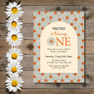 Beige Orange Daisies Floral Arch 1. Geburtstag Einladung