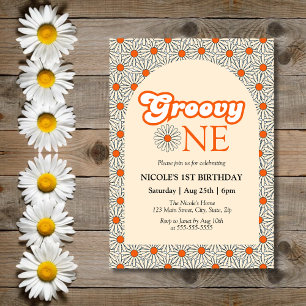 Beige Orange Daisy Groovy Arch 1. Geburtstag Einladung