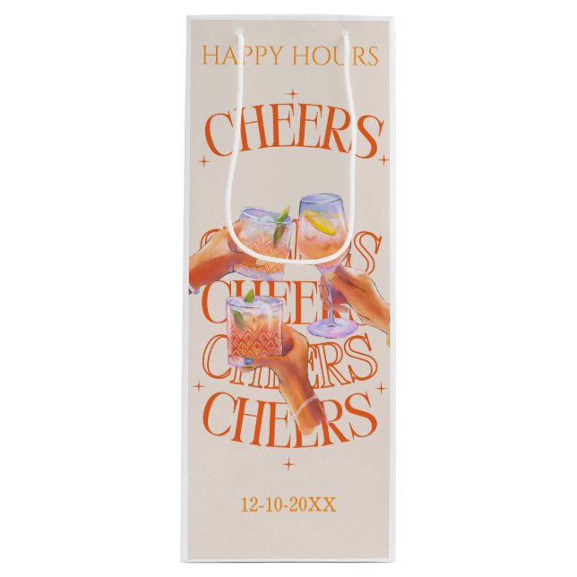 Beige & Orange Retro Typography Cheers Cocktail  Geschenktüte Für Weinflaschen (Vorderseite)