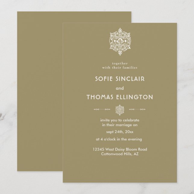 Beige Ornament Hochzeit Einladung (Vorne/Hinten)