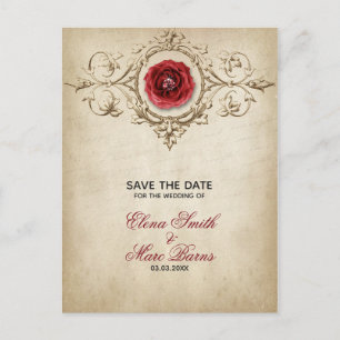 Beige Ornamente und Rote Rose Ankündigungspostkarte