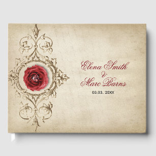 Beige Ornamente und Rote Rose Gästebuch