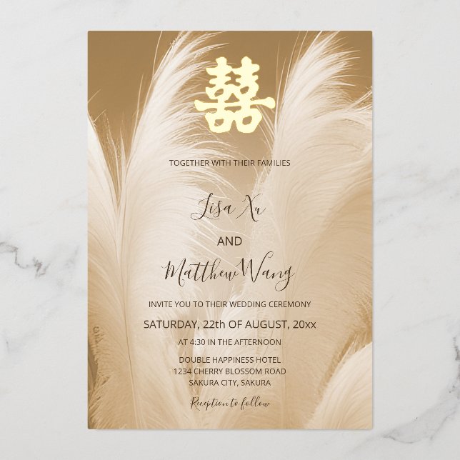 Beige Pampas Grass Chinese Wedding Folieneinladung (Vorderseite)