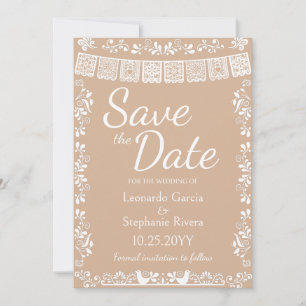 Beige Papel Picado Hochzeit - Save the Date Einladung