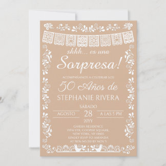 Beige Papel Picado Überraschung 50. Geburtstag Einladung