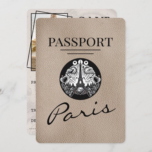 Beige Paris Passport Save the Date (Vorne/Hinten)