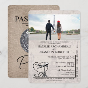 Beige Paris Passport Wedding Einladung