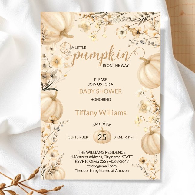 Beige Pastel Watercolor Pumpkin fallen wild Blume Einladung (Rustic Pumpkin Baby Shower Invitation | Neutral Fall Floral Autumn Theme)