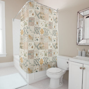Beige Patchwork-Quilt Rustikale Blumen Retro Duschvorhang
