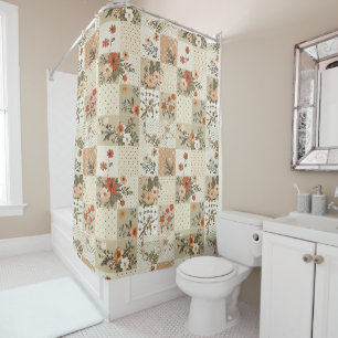 Beige Patchwork-Quilt Rustikale Blumen Retro Duschvorhang