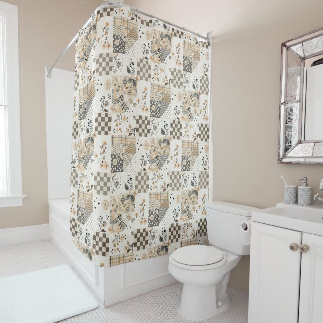 Beige Patchwork-Quilt Rustikale Blumen Retro Duschvorhang (Beispiel)