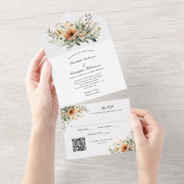 Beige Peach Neutral Floral QR Code Hochzeit All In One Einladung