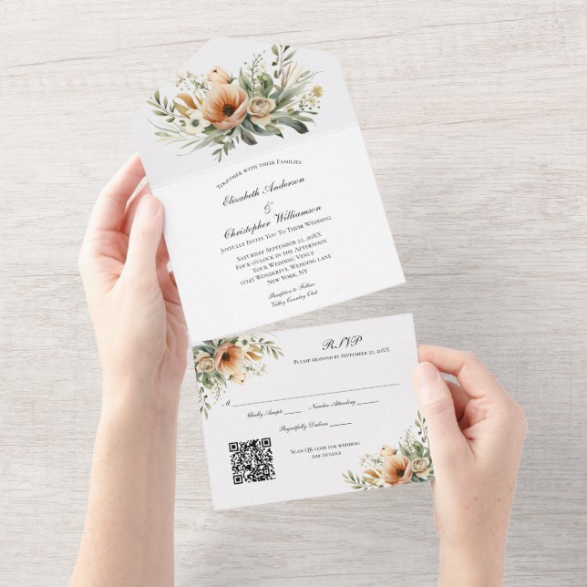 Beige Peach Neutral Floral QR Code Hochzeit All In One Einladung (Abreißtisch)