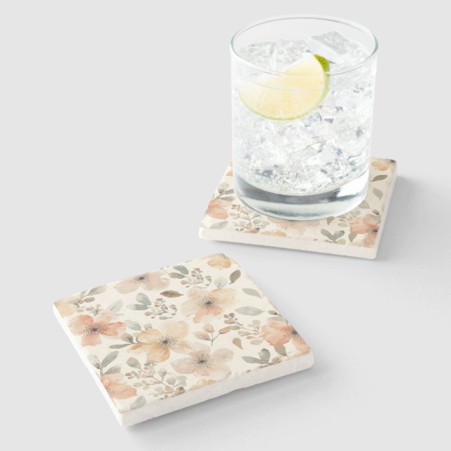 Beige Pfirsich Blumen Wasserfarbe Botanisches Must Steinuntersetzer (Seitenansicht)