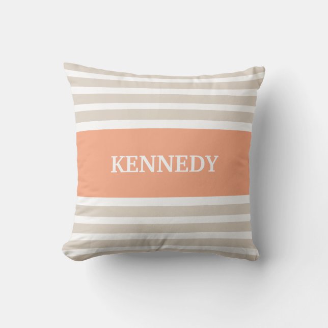 Beige Pfirsich Stripes Monogramm Kissen (Vorderseite)