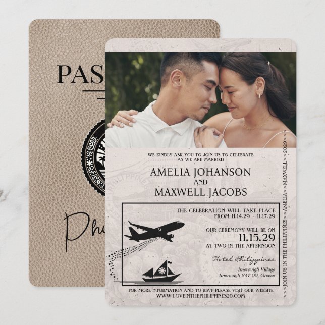 Beige Philippines Pass Einladung zur Hochzeit (Vorne/Hinten)