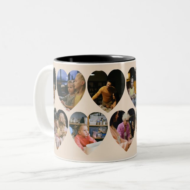 Beige Photo Collage Mug with Heart Frames Zweifarbige Tasse (Vorderseite Links)