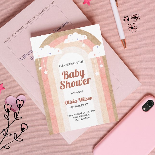 Beige Pink Boho Illustriert Rustikaler Regenbogen  Einladung (Von Creator hochgeladen)