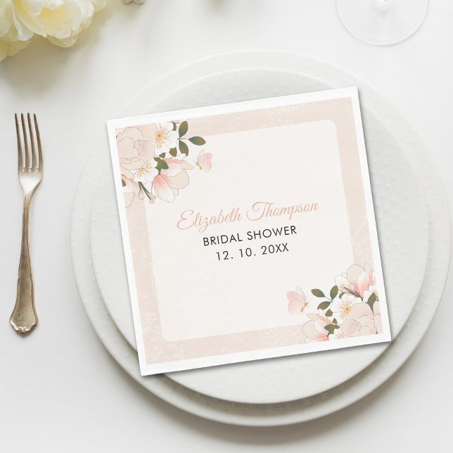 Beige Pink Floral Pattern Bridal Shower Serviette (Von Creator hochgeladen)