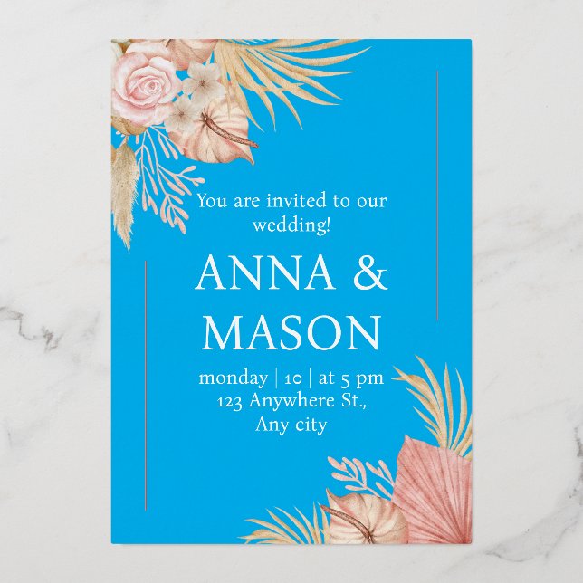 Beige Pink Watercolor Boho Tropical Floral Wedding Folieneinladung (Vorderseite)