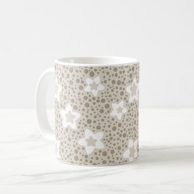 Beige Polka dot retro mit Sternen und Blume Kaffeetasse (Vorderseite Links)