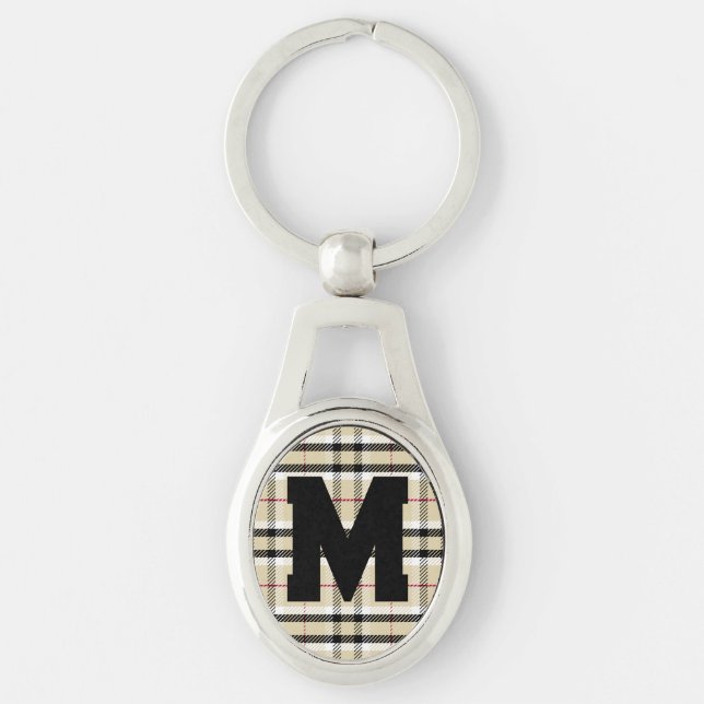 Beige Preppy Kariert Fashion Monogram Personalisie Schlüsselanhänger (Vorderseite)