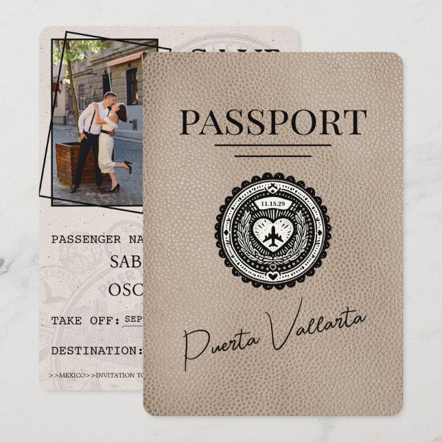 Beige Puerta Vallarta Passport Save the Date (Vorne/Hinten)
