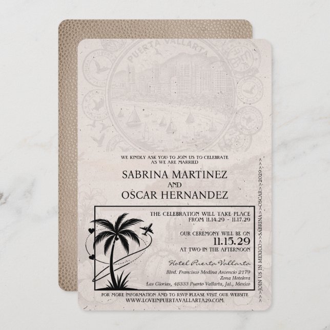 Beige Puerta Vallarta Passport Wedding Einladung (Vorne/Hinten)