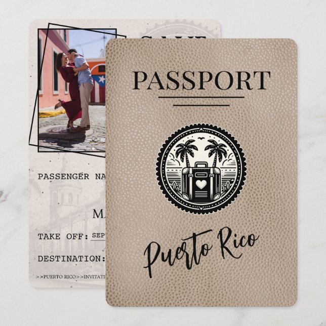 Beige Puerto Rico Passport Save The Date (Vorne/Hinten)
