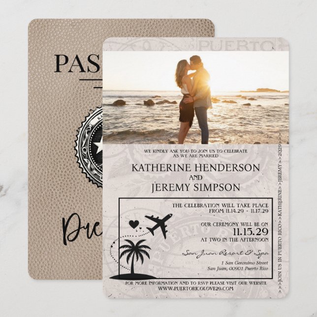Beige Puerto Rico Passport Wedding Einladung (Vorne/Hinten)
