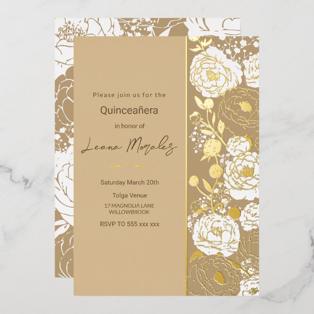 Beige Quinceañera Foil Einladung (Vorderseite/Rückseite)