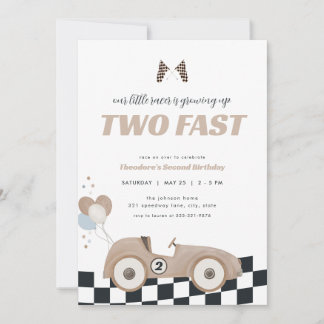 Beige Race Car Two Fast Second Birthday Invite Einladung