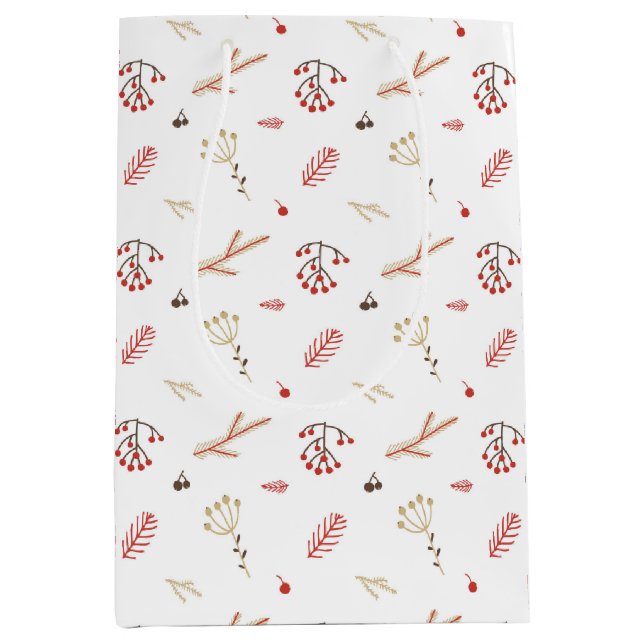 Beige Red Holly Berry Holiday Medium Geschenktasch Mittlere Geschenktüte (Vorderseite)