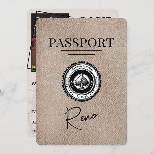 Beige Reno Passport Save the Date (Vorne/Hinten)