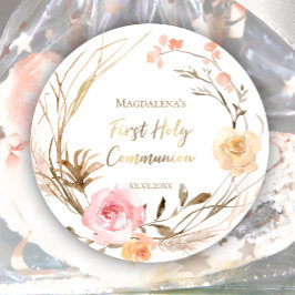 Beige Rosa Blume Erste Heilige Kommune Runder Aufkleber