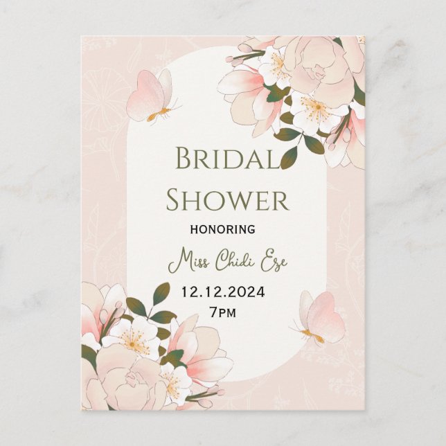 Beige rosa Blumenmuster-Brautparty Postkarte (Vorderseite)