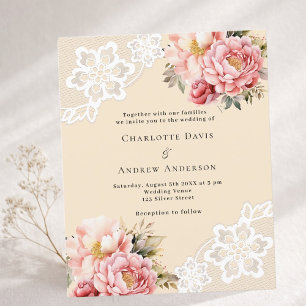 Beige rosa Rosen Blumen Spitze Hochzeitseinladung