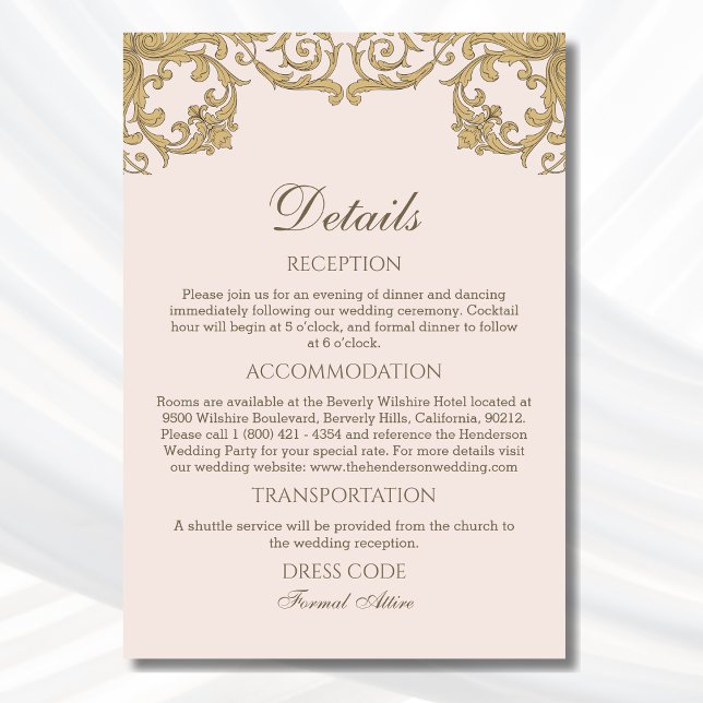 Beige Rosa Verzierter Rokoko Vintage Hochzeit Deta Begleitkarte (Von Creator hochgeladen)