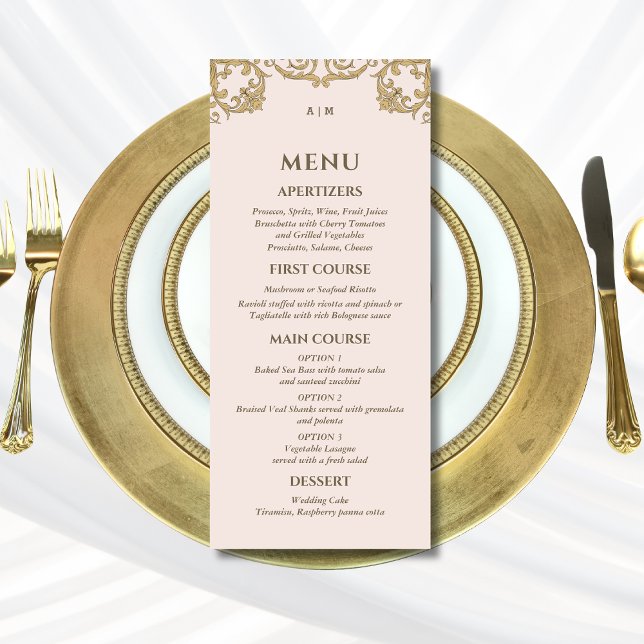 Beige rosa Verziertes Monogramm Barockmenü Menükarte (Von Creator hochgeladen)