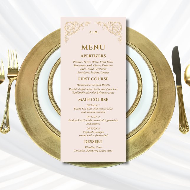 Beige rosa Verziertes Monogramm Barockmenü Menükarte (Von Creator hochgeladen)