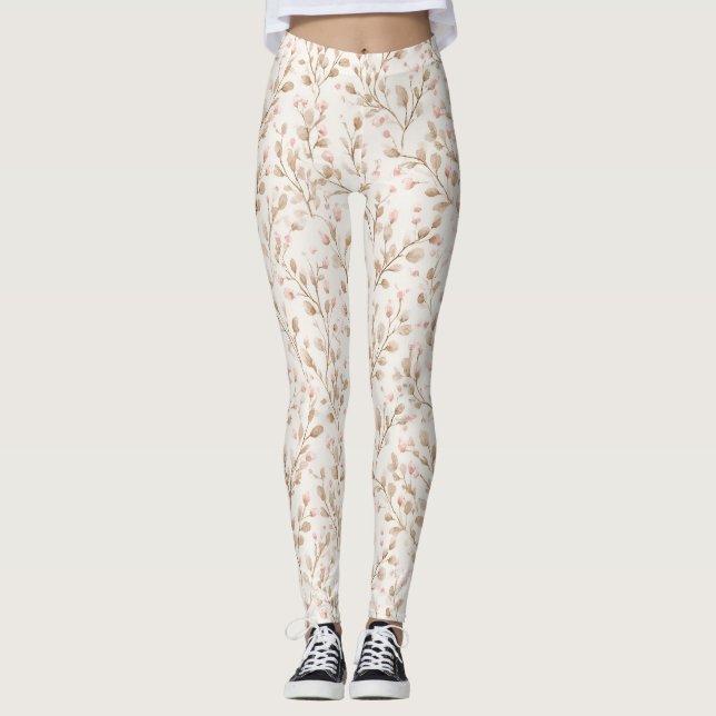 Beige Rosafarbenes Blumenmuster Leggings (Vorderseite)