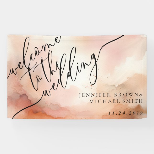 Beige Rose Gold Wasserfarbe Rosa Hochzeit Banner (Horizontal)