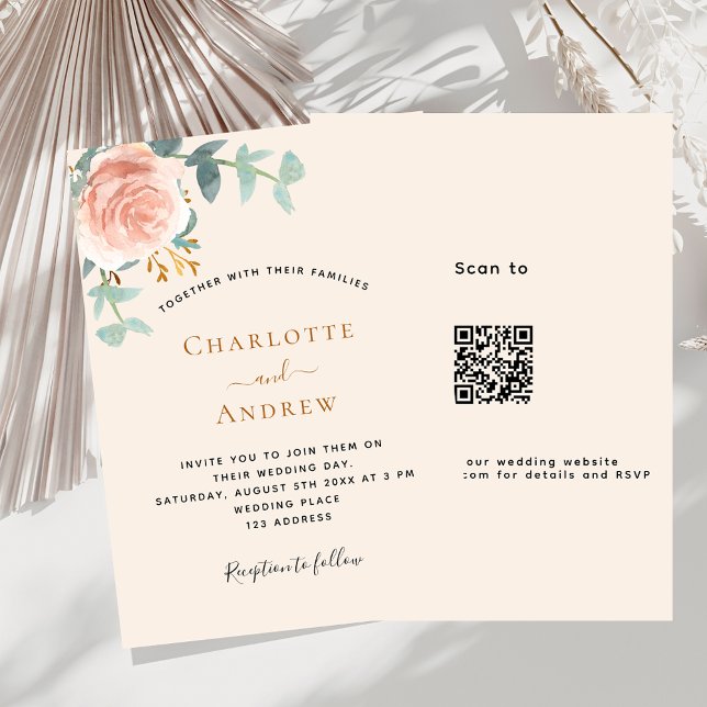 Beige Rose Goldblütengold QR-Code UAWG Hochzeit Einladung (Von Creator hochgeladen)