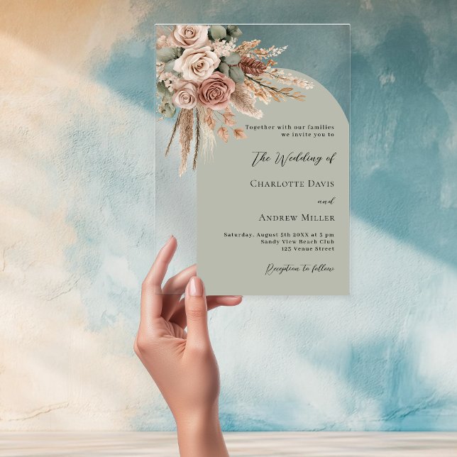 Beige Rose Pampas Pampas Sali klare Hochzeit Acryleinladungen (Von Creator hochgeladen)