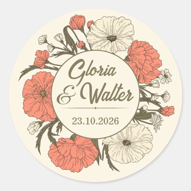 Beige Rote Vintage-Hochzeits-Sticker-Illustration Runder Aufkleber (Vorderseite)