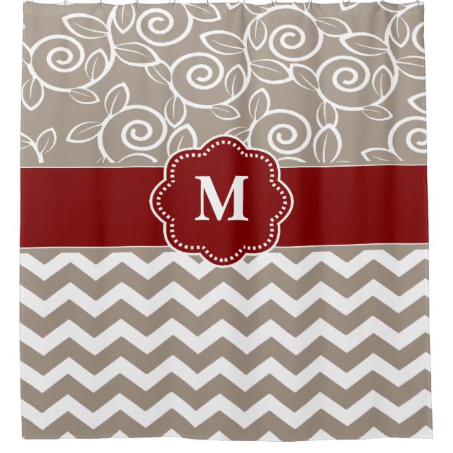 Beige roter Strudel-Zickzack Monogramm Duschvorhang (Vorderseite)