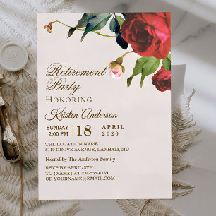 Beige Royal Red Floral Retirement Party Einladung