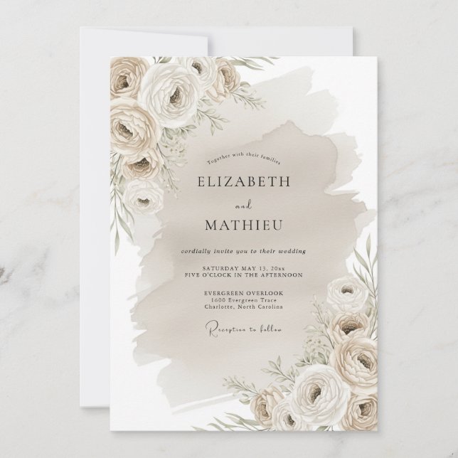Beige Rustikale Blumige Hochzeit Einladung (Vorderseite)